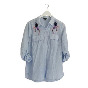 Express Striped Blue Button-Down Blouse with Floral Embroidery